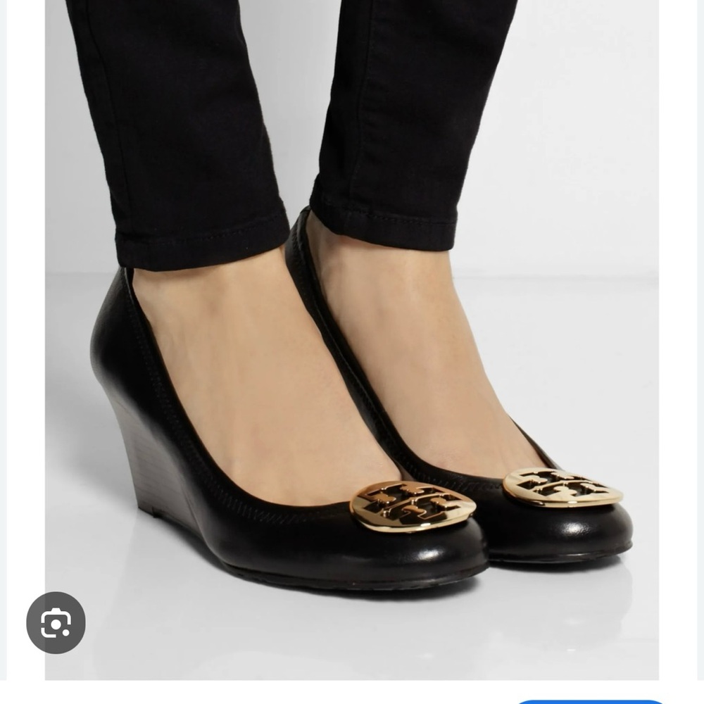 Tory Burch Black Leather Sally Wedge Pumps-Size 5M -Good Condition